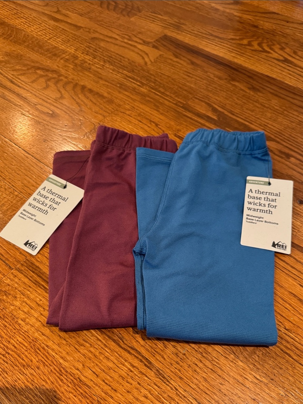 REI Kids Thermal Base Layer Leggings in Blue and Burgundy